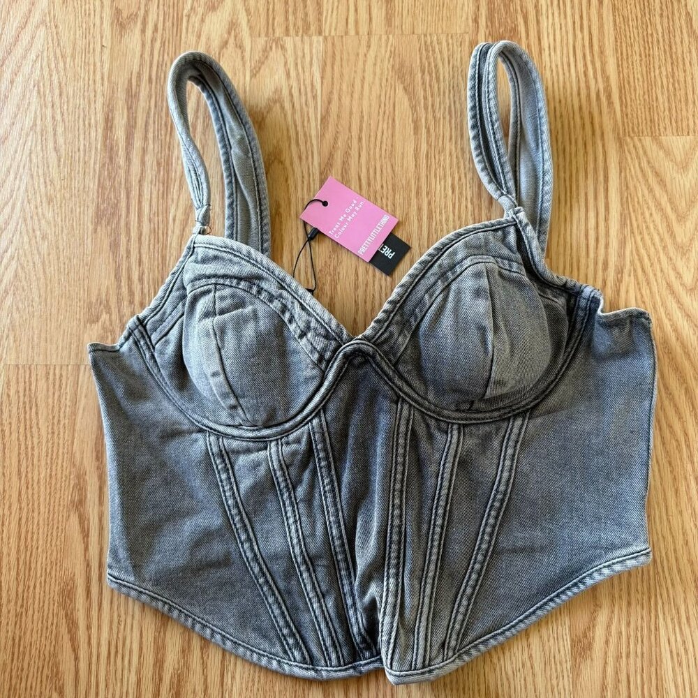 PrettyLittleThing Washed Grey Denim Corset Top Size 10 Dip Hem Bust Cup Bustier - Picture 8 of 10